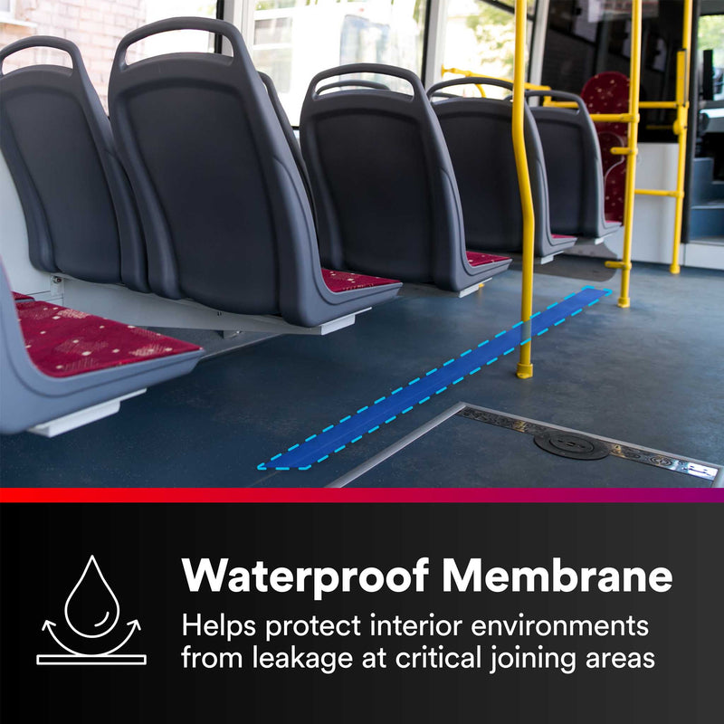 Bus interior showing waterproof sealing application using 3M Industrial Sealing Tape IS1 along floor joints