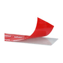 Close-up of 3M VHB Max-060GF double-sided acrylic foam tape with red liner partially lifted to reveal gray adhesive.