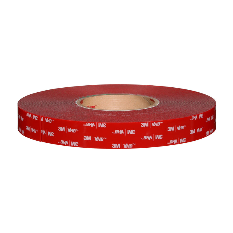 Top view of 3M VHB Max-060GF acrylic foam tape roll with red 3M branded liner.