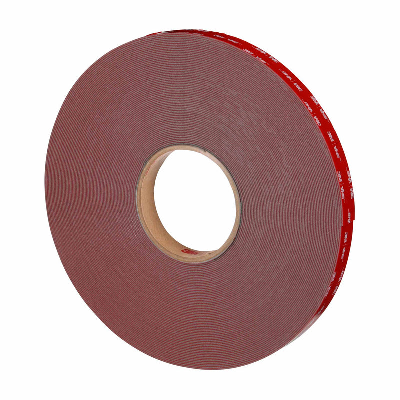 Angled side view of 3M VHB Max-110GF foam tape roll with red 3M liner intact.