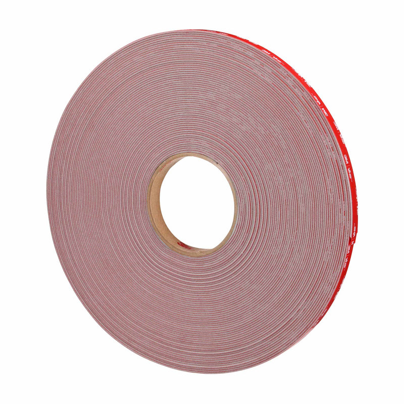 Angled side view of 3M VHB Max-160GF double-sided foam tape roll with red branded liner intact.