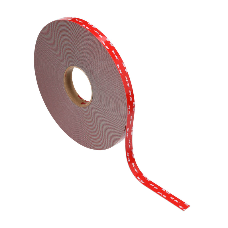 3M VHB Max-160GF foam tape roll with red liner slightly lifted at the edge, adhesive layer not exposed.