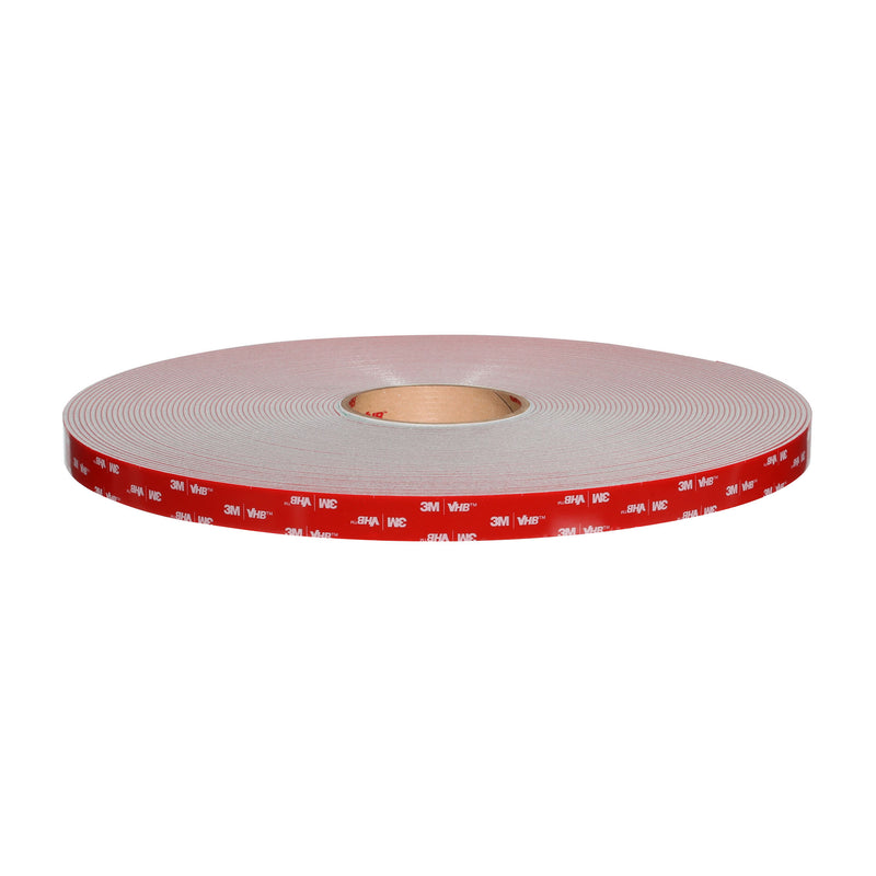Standard roll of 3M VHB Max-230GF double-sided acrylic foam tape with red 3M liner.