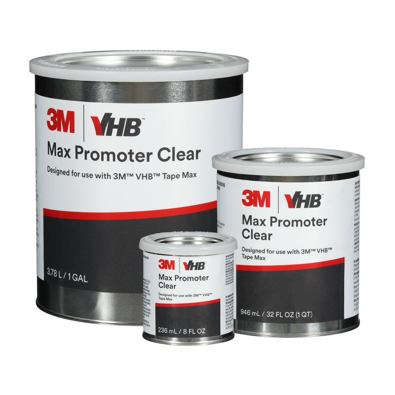 3M VHB Max Promoter Clear full product line in 8 oz, 1 quart, and 1 gallon cans, designed for use with 3M VHB Max Series Tapes