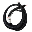 A black, braided hot melt hose with dual metal fittings, electrical connectors, and a warranty tag, compatible with Applicator hot melt systems.