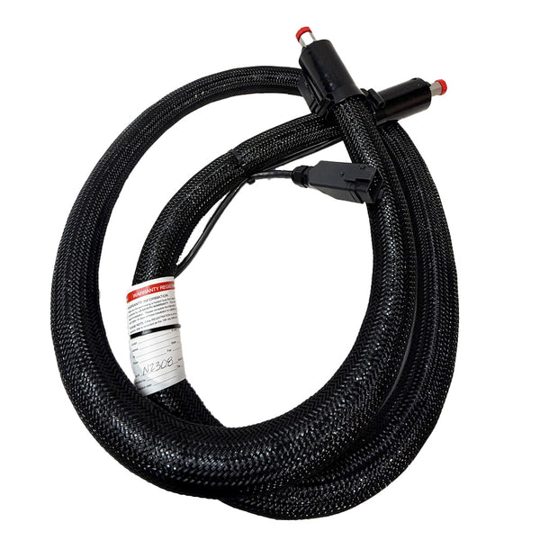 A black, braided hot melt hose with dual metal fittings, electrical connectors, and a warranty tag, compatible with Applicator hot melt systems.