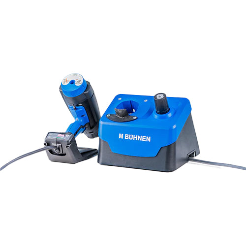 Industrial Buehnen HB 720 bead hot melt applicator shown in blue tool stand with integrated pneumatic air service