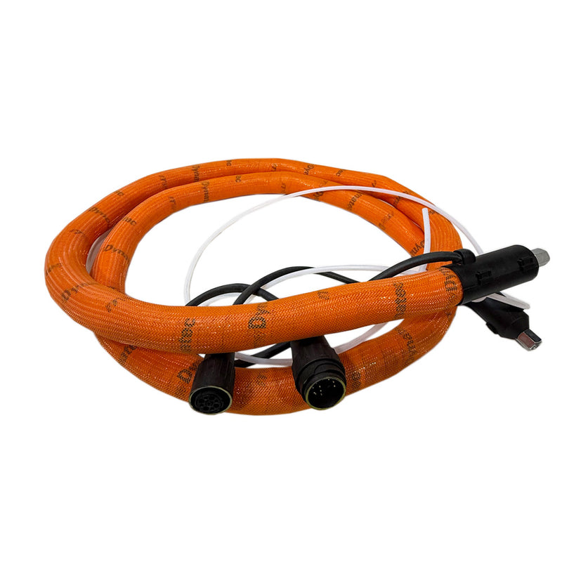 An orange, braided hot melt hose with multiple connectors and electrical wiring, designed for use with ITW Dynatec adhesive systems.