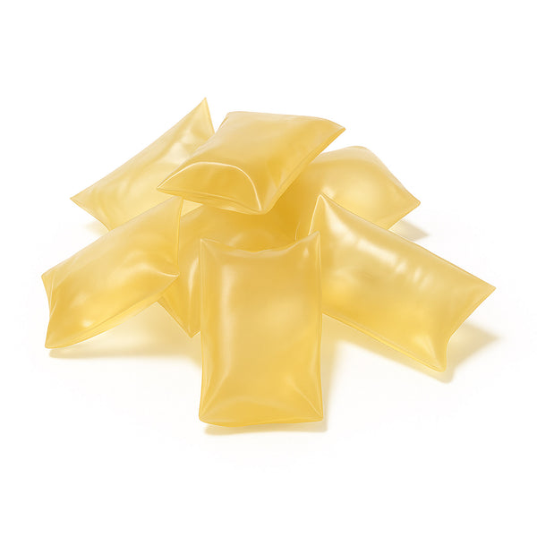 H.B. Fuller HM-1559 low-viscosity yellow hot melt adhesive pillows for case and carton packaging applications.
