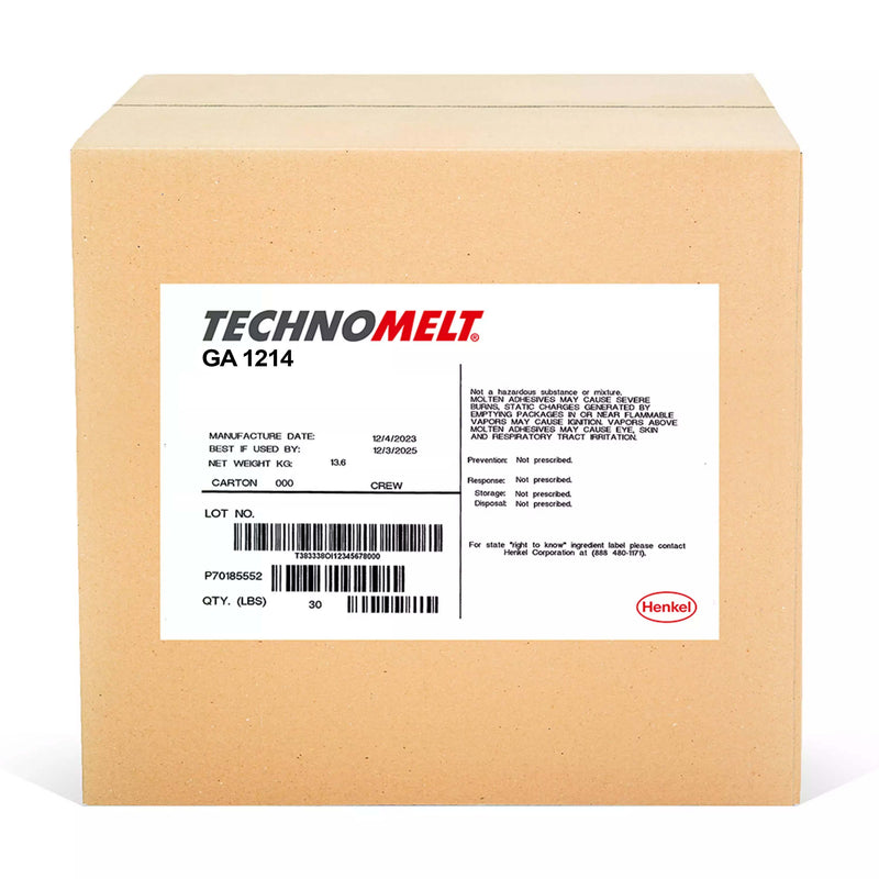 30 lb carton of Henkel Technomelt GA 1214 EVA hot melt adhesive for bookbinding and perfect binding applications.