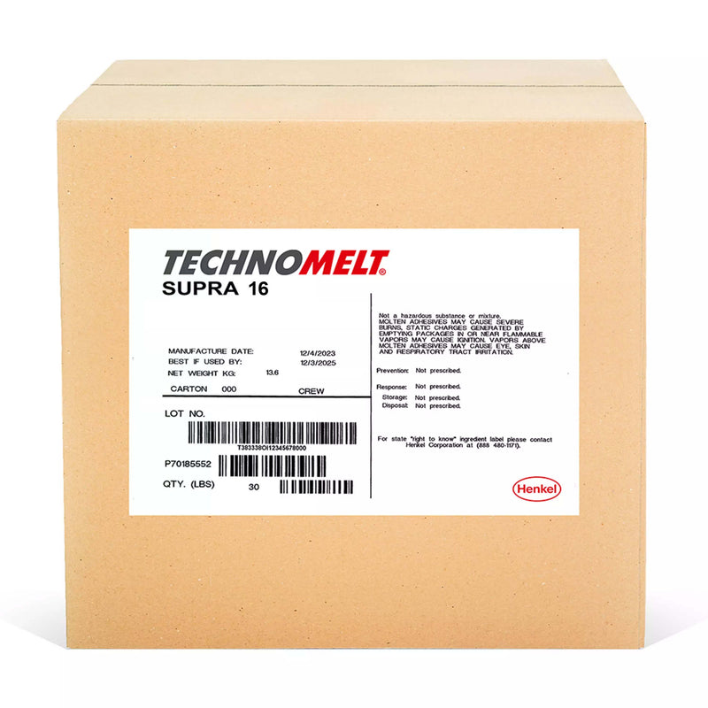 Henkel Technomelt Supra 16 hot melt adhesive 30 lb box for carton and tray packaging applications.