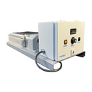Front angled view of benchtop hot melt roll coater with 12" rollers