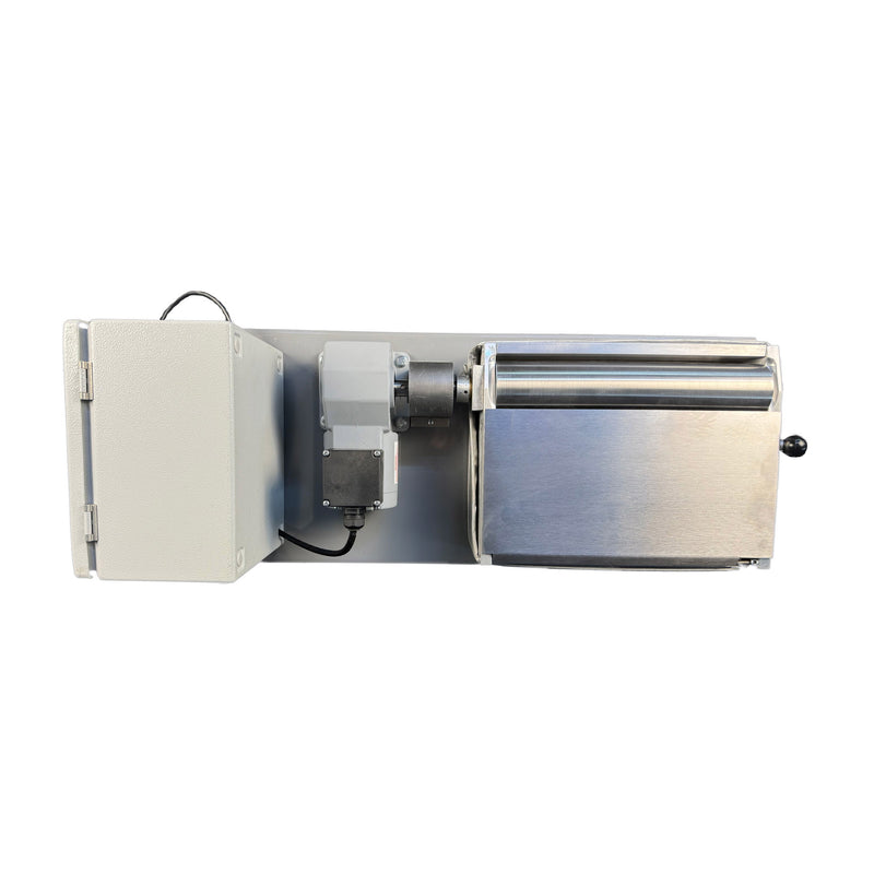 Top view of benchtop hot melt roll coater with 12" rollers