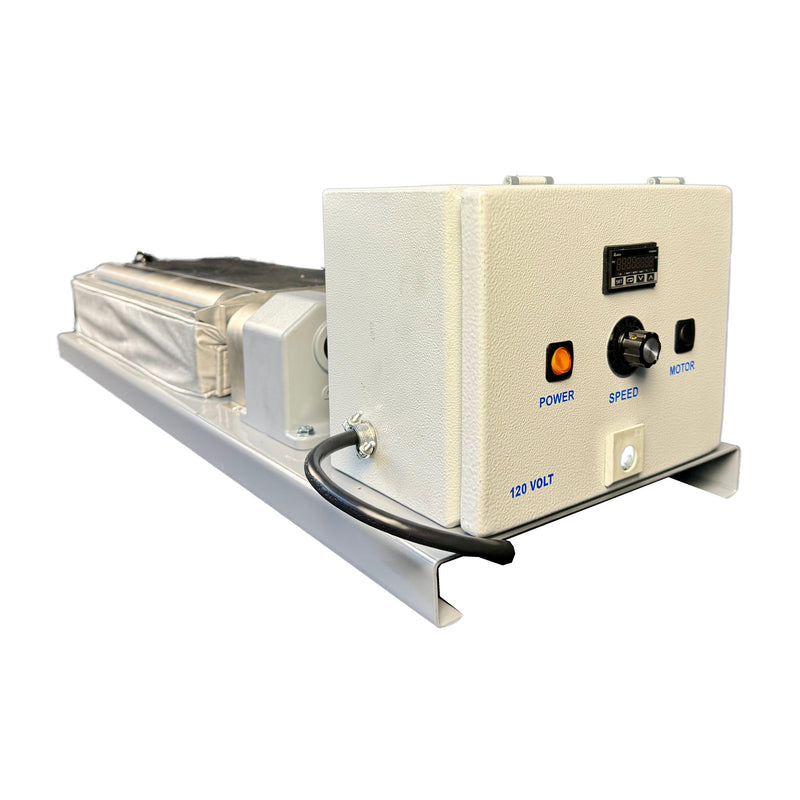 Front angled view of benchtop hot melt roll coater with 18" rollers