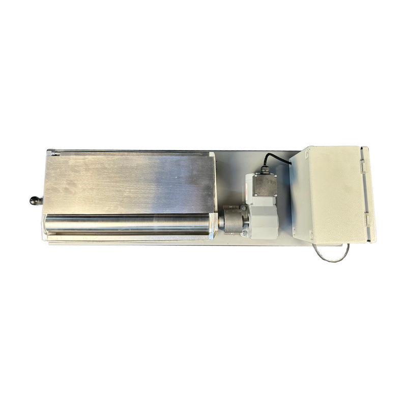 Top view of benchtop hot melt roll coater with 18" rollers