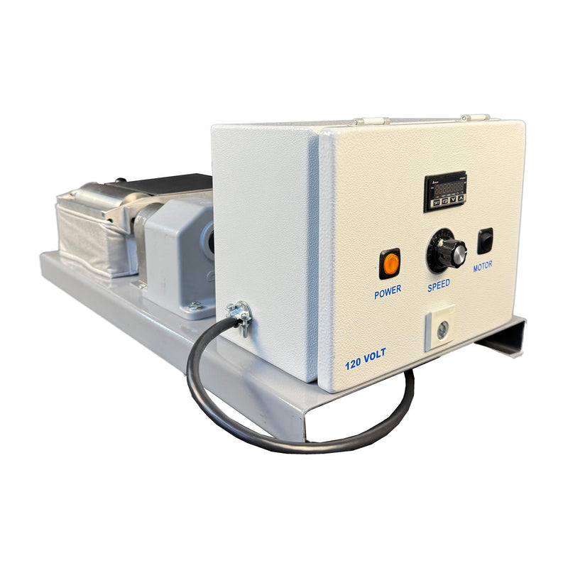 Front angled view of benchtop hot melt roll coater with 6" rollers