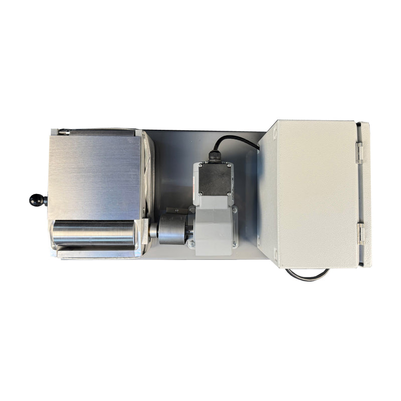 Top view of benchtop hot melt roll coater with 6" rollers