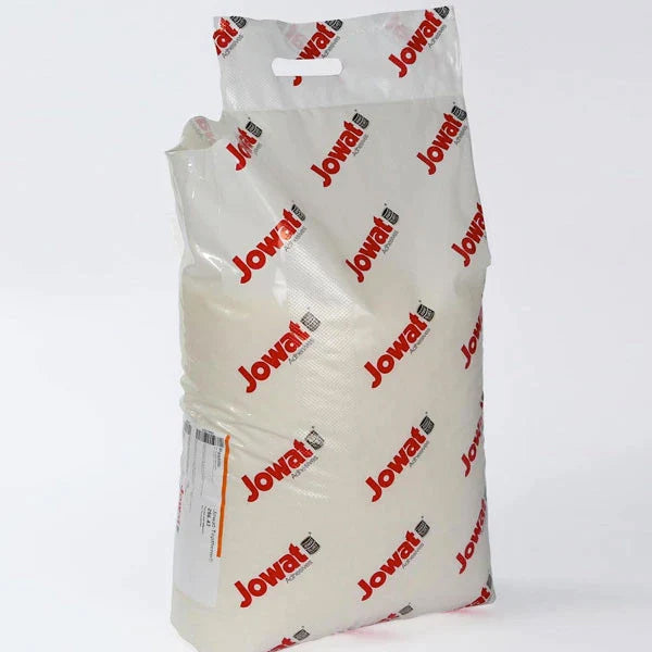 Sealed bag of Jowat Jowatherm PO 256.00 hot melt adhesive pellets used in food-safe and freezer-grade packaging applications