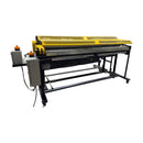 Angled front view of wide-format roll coater featuring dual rollers, yellow safety shield, and electrical control boxes