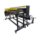 Side view of industrial hot melt roll coater showing roller system and frame structure for wide-format adhesive coating