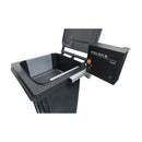 Meler adhesive autofeeder with lid open showing pellet container, flow grid, and internal loading area