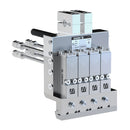 Meler hot melt labeling head for pre-cut label application, angled view with hose connections and modular design