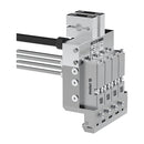 Meler labeling head hot melt applicator side view showing compact design and hose integration for packaging lines