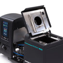 Meler Micron+ MOD hot melt adhesive melter with lid open, showing internal tank and melting chamber with integrated touchscreen control panel.