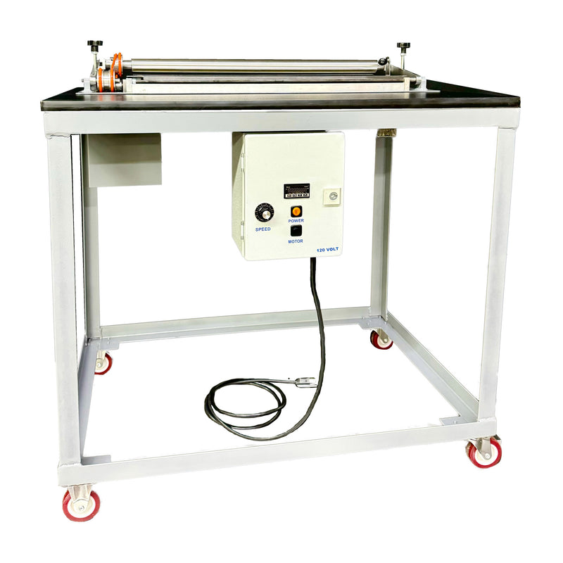 Front view of hot melt roll coater mounted to table with wheels