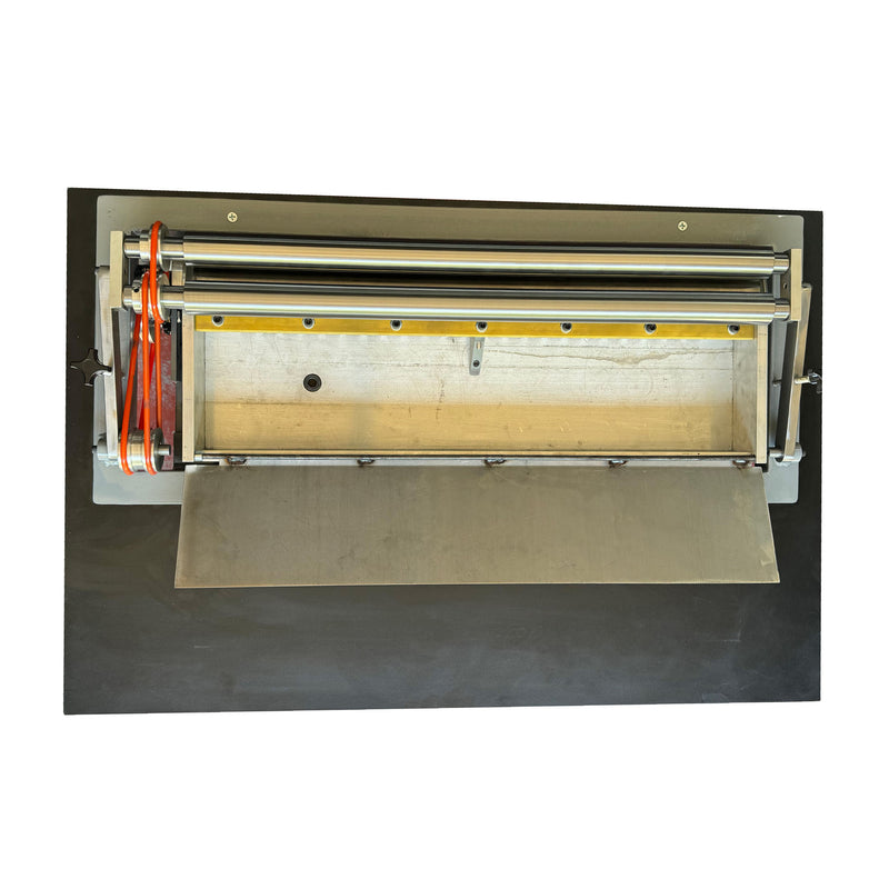 Top view of hot melt roll coater mounted to table