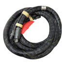  Nordson 1022935A black braided hot melt hose with yellow trace lines and molded plug fittings.