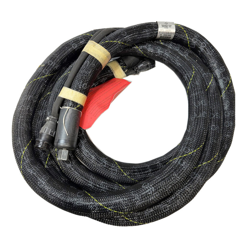  Nordson 1022935A black braided hot melt hose with yellow trace lines and molded plug fittings.