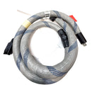 Nordson 1125352 silver braided hot melt hose with blue diagonal wrap and black molded ends.