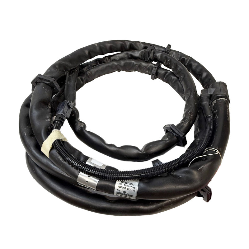 Nordson 223837 black water wash hot melt hose with insulated protective sleeve and molded connectors.