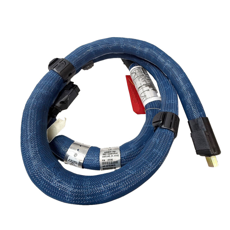 Nordson 274793 blue braided hot melt hose with part number label and protective sheathing.