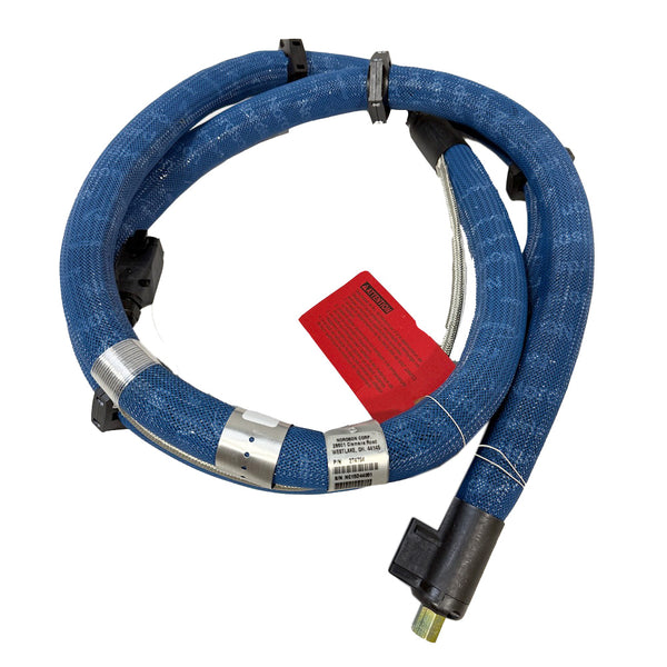 Nordson 274794 blue braided hot melt hose with red warning tag and metal fitting connectors.
