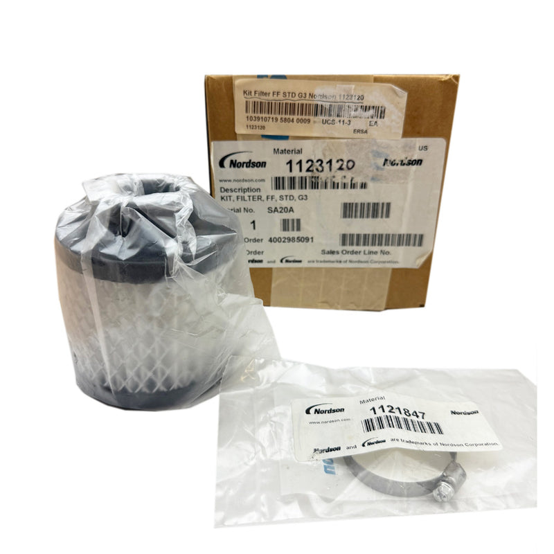 Nordson 1123120 filter kit with a cylindrical filter, clamp, and labeled packaging.