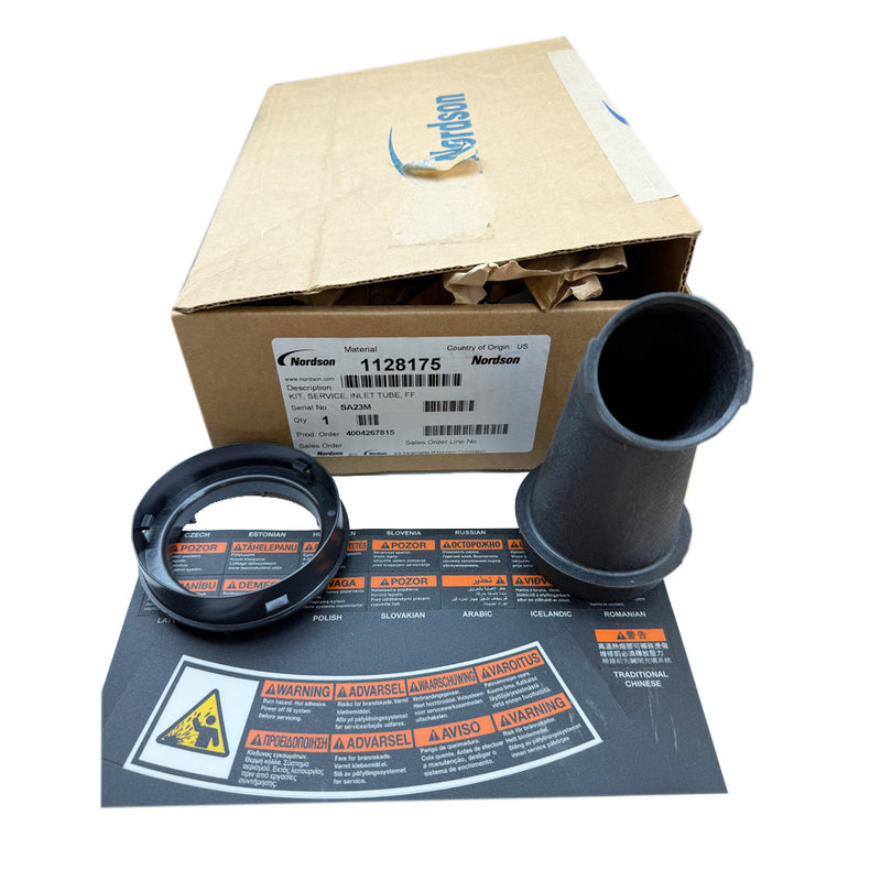 Nordson 1128175 service kit with black plastic components, a warning label, and packaging