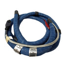 A blue, braided hot melt hose with reinforced insulation, electrical wiring, and multiple connectors, designed for Nordson adhesive systems.
