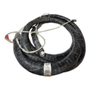 A black, braided hot melt hose with a textured surface, electrical wiring, and metal fittings, compatible with Nordson adhesive application equipment.