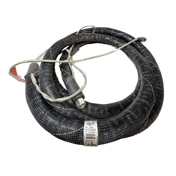 A black, braided hot melt hose with a textured surface, electrical wiring, and metal fittings, compatible with Nordson adhesive application equipment.