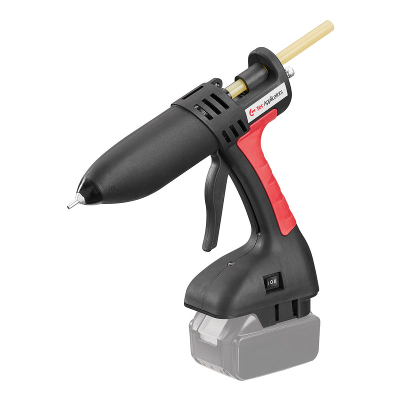 Power Adhesives 808-12 cordless hot melt glue gun fitted with a grayed out Makita battery.