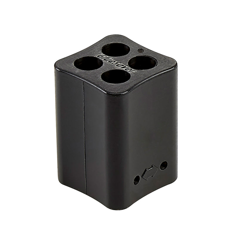 Black GlueSaver hot melt glue saver block with four holes designed to reduce waste and maximize adhesive use.