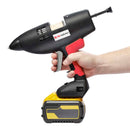 The Tec 3508 cordless hot melt applicator is shown in hand, emphasizing grip ergonomics and the attached DeWalt Flexvolt battery.