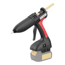 Tec 808 cordless glue gun equipped with DeWalt 18V battery adapter on white background