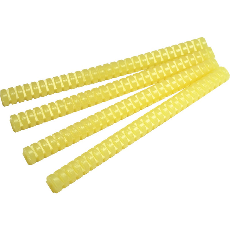 Close-up of yellow ribbed hot melt glue sticks arranged in a fanned layout on a white background.