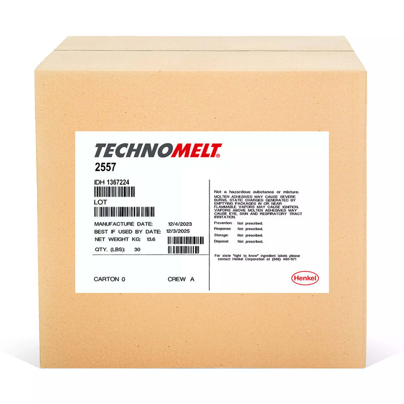 Henkel TECHNOMELT 2557 packaging box for EVA hot melt adhesive used in poly-laminated carton sealing and detergent packaging